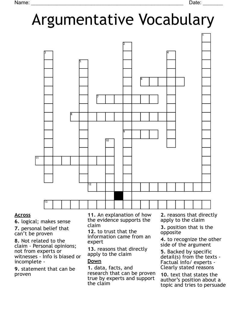 Argumentative Vocabulary Crossword
