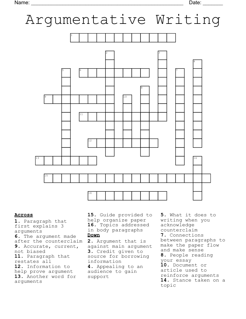 Argumentative Writing Crossword