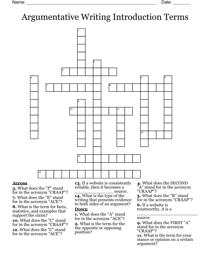 Argumentative Writing Introduction Terms Crossword