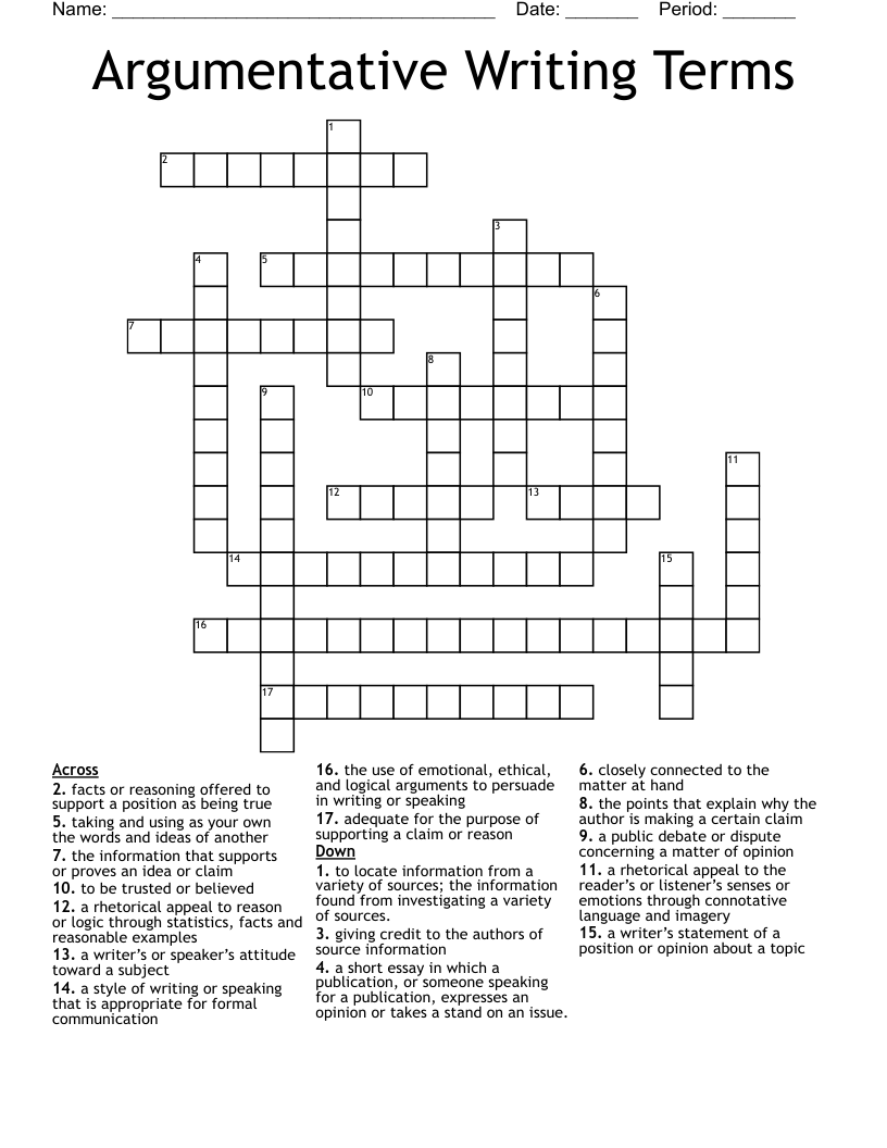 Argumentative Writing Terms Crossword