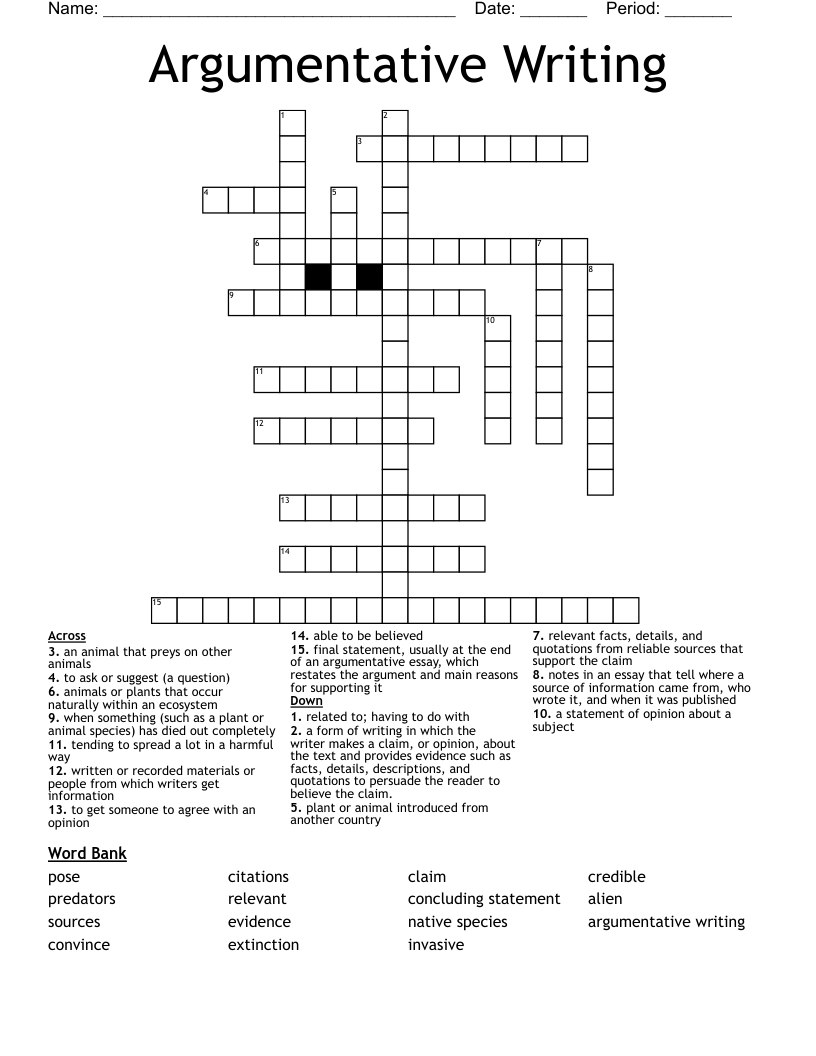Argumentative Writing  Crossword