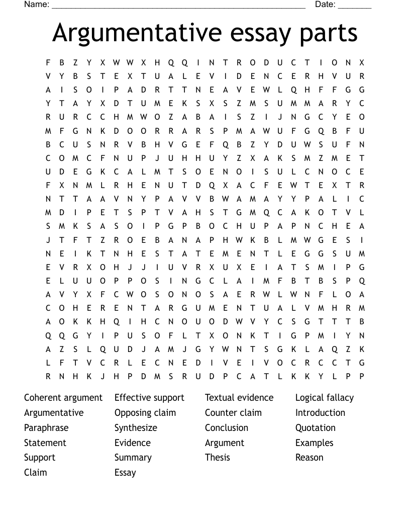 Argumentative essay parts Word Search