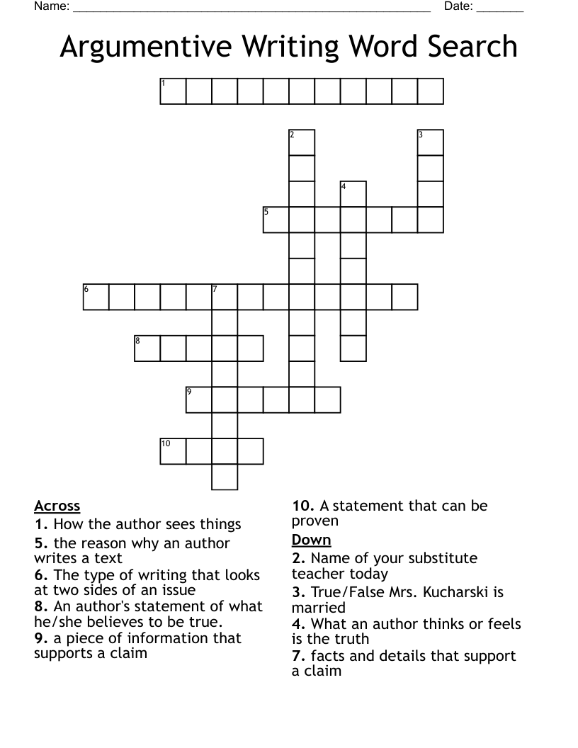 Argumentive Writing Word Search Crossword