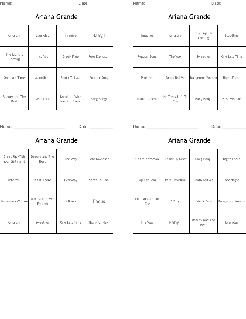 Ariana Grande Bingo Cards