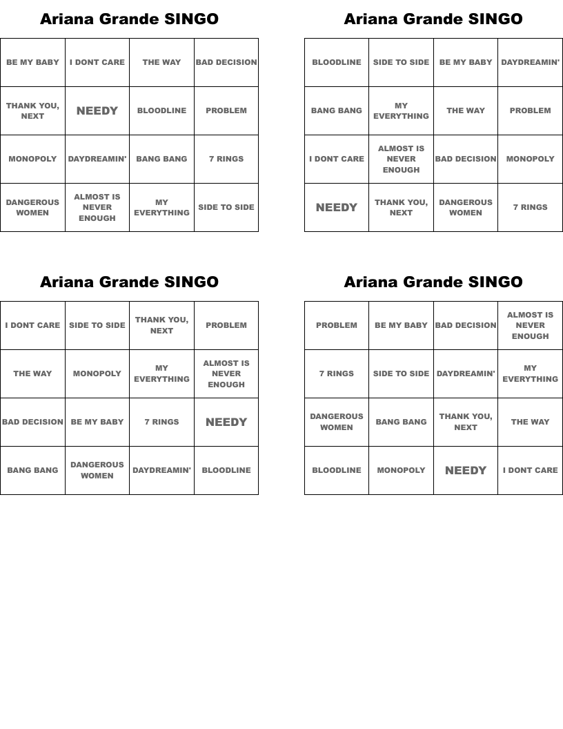 Ariana Grande SINGO Bingo Cards