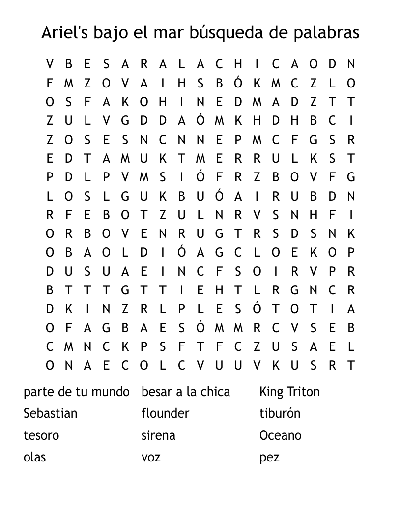 Ariel's bajo el mar búsqueda de palabras Word Search