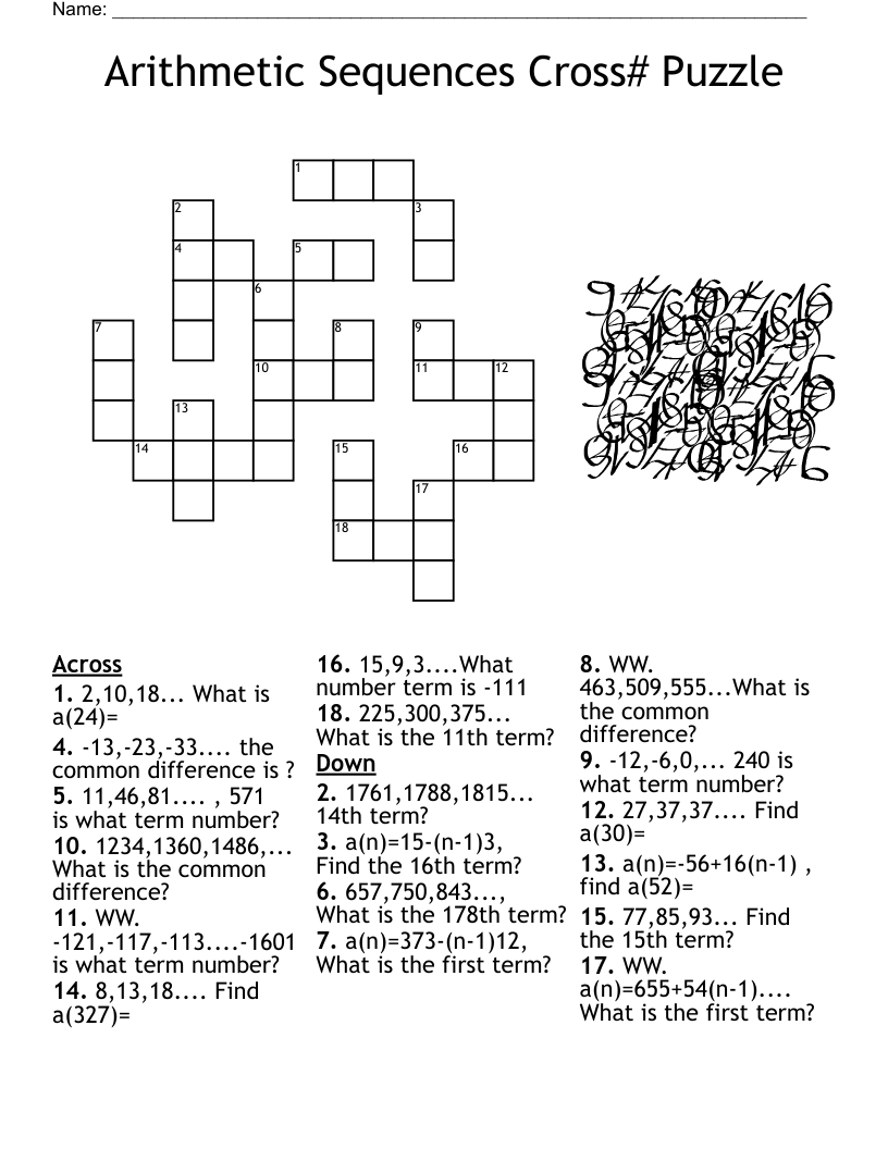 Arithmetic Sequences Cross# Puzzle   Crossword