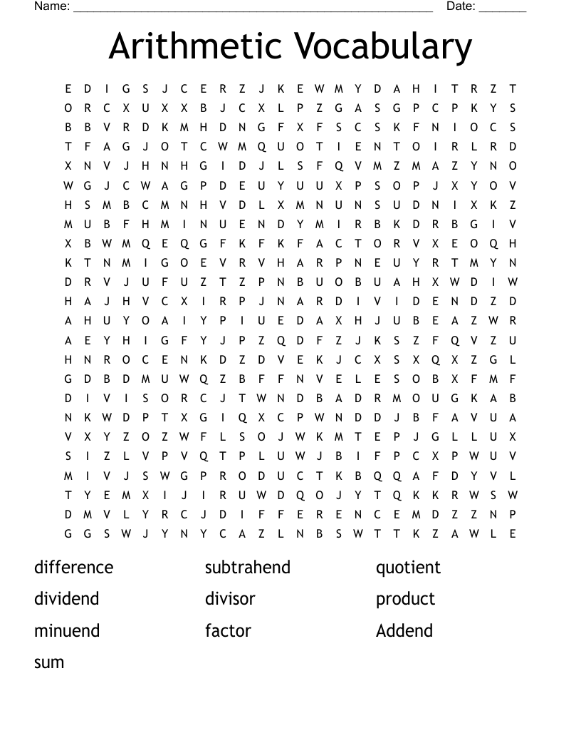 Arithmetic Vocabulary Word Search