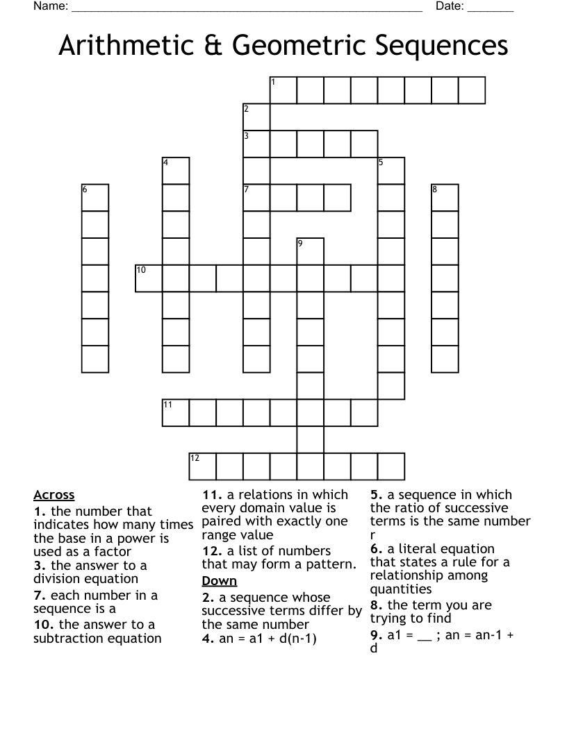 Arithmetic & Geometric Sequences Crossword