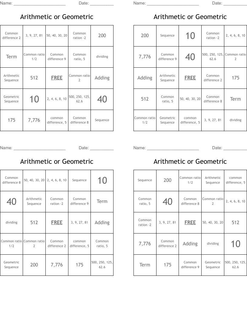 Arithmetic or Geometric Bingo Cards