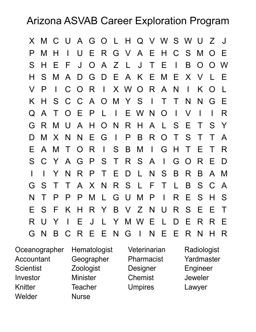 Arizona ASVAB Career Exploration Program Word Search