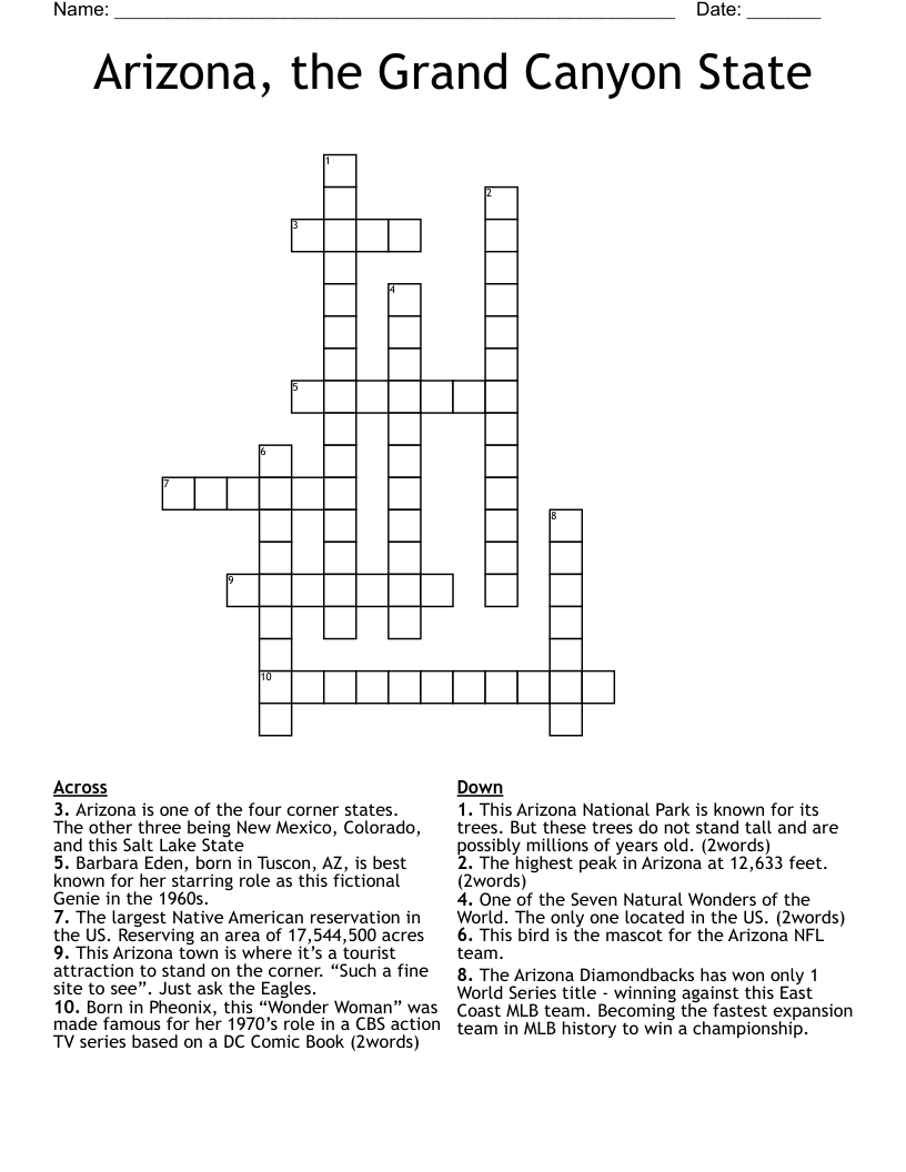Arizona, the Grand Canyon State Crossword