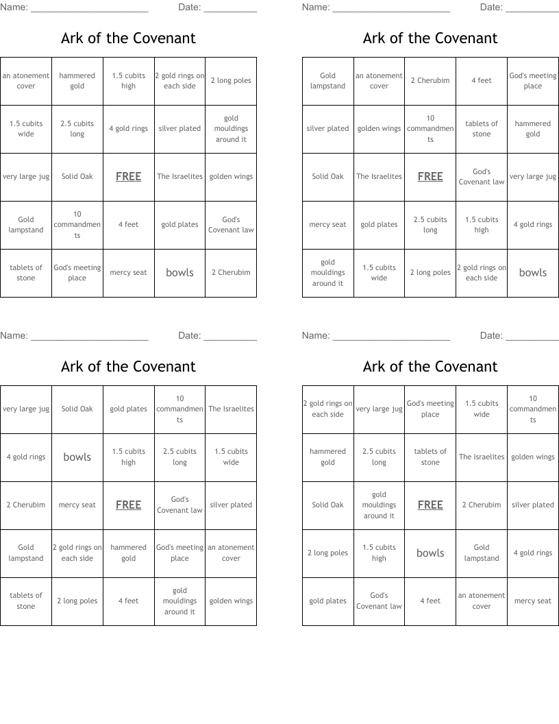 Ark of the Covenant Bingo Cards