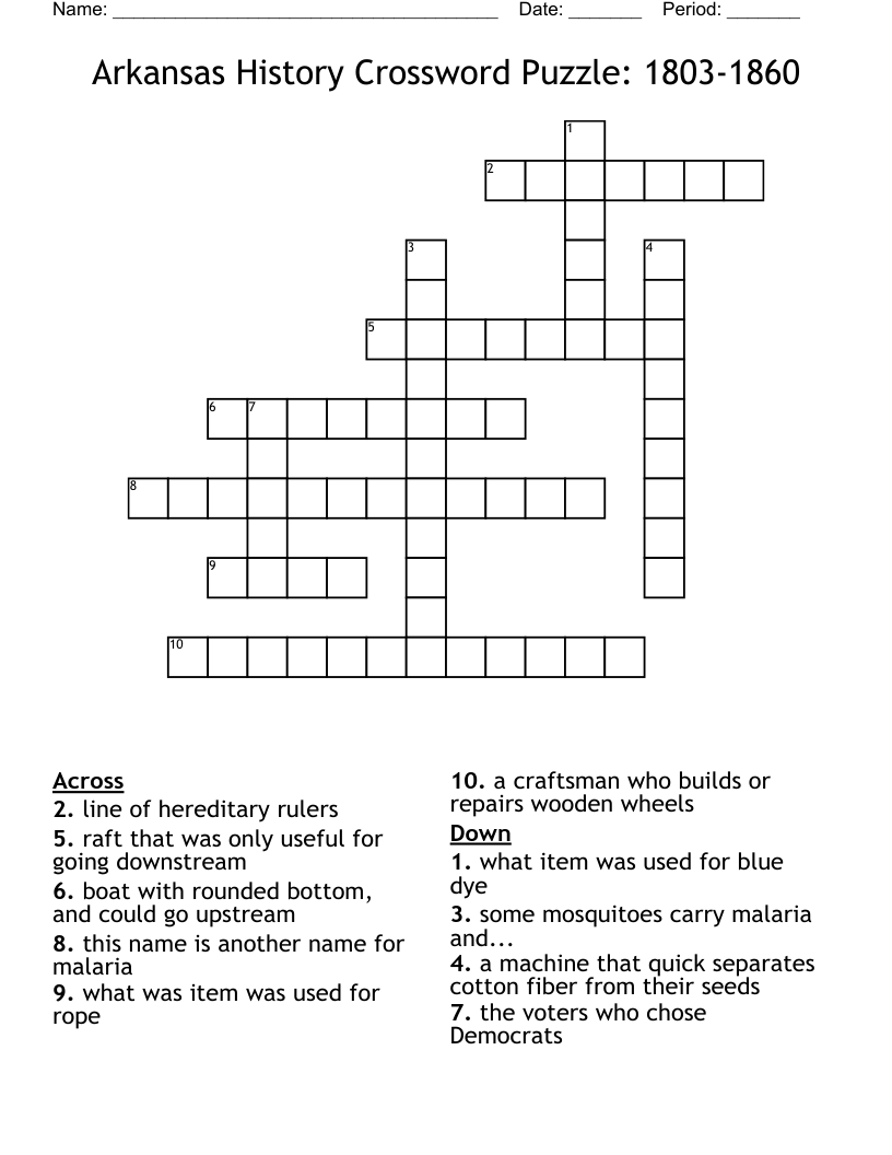Arkansas History Crossword Puzzle: 1803-1860