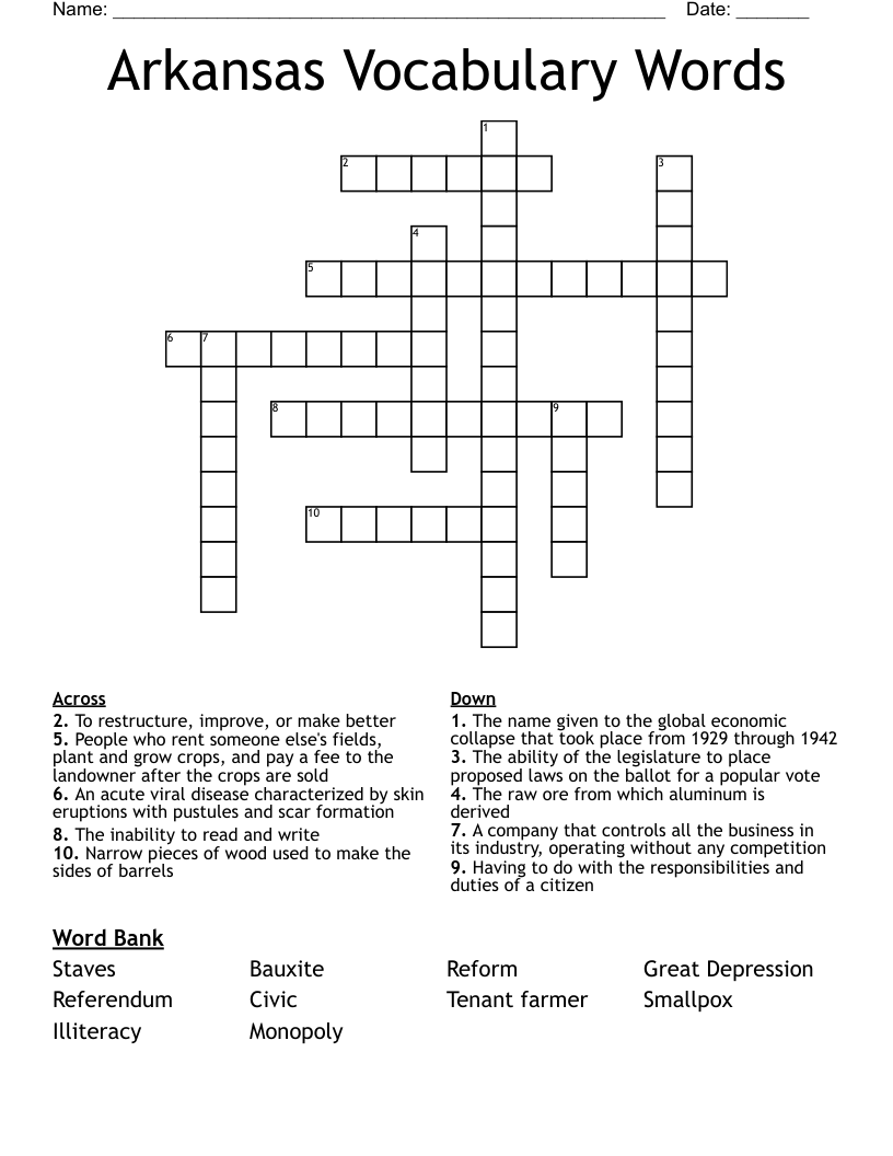 Arkansas Vocabulary Words  Crossword
