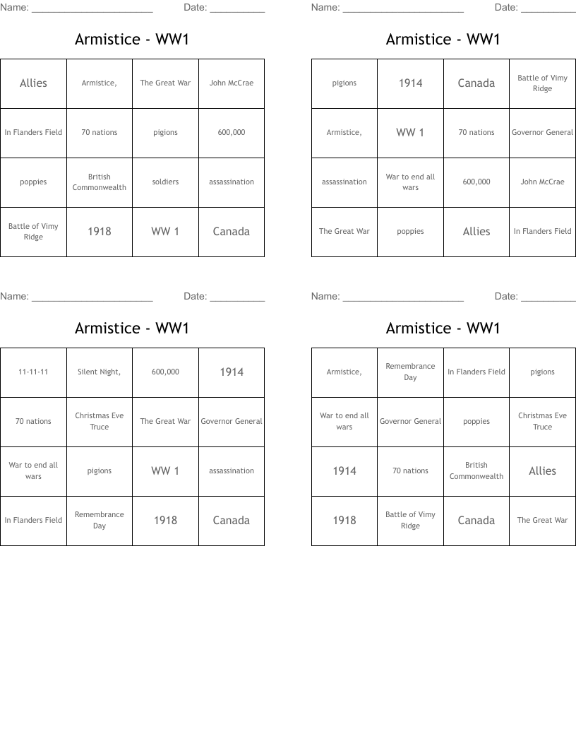 Armistice - WW1 Bingo Cards