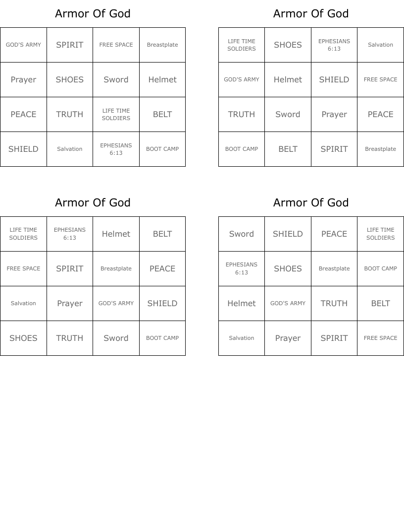 Armor Of God Bingo Cards