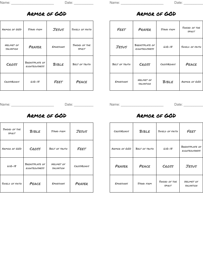 Armor of GOD Bingo Cards