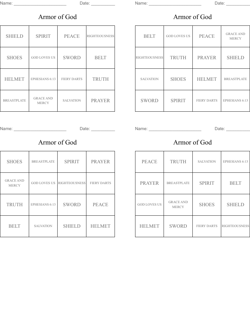 Armor of God Bingo Cards