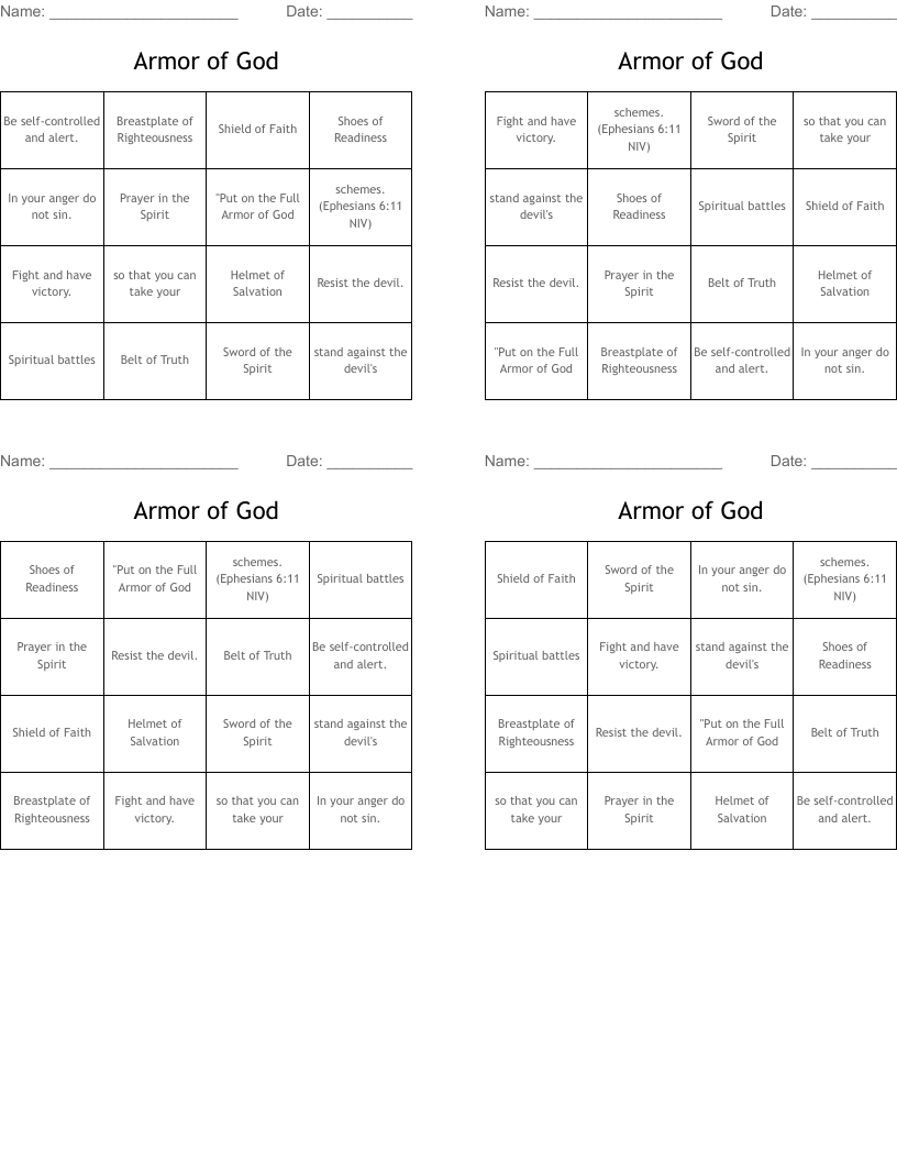 Armor of God Bingo Cards