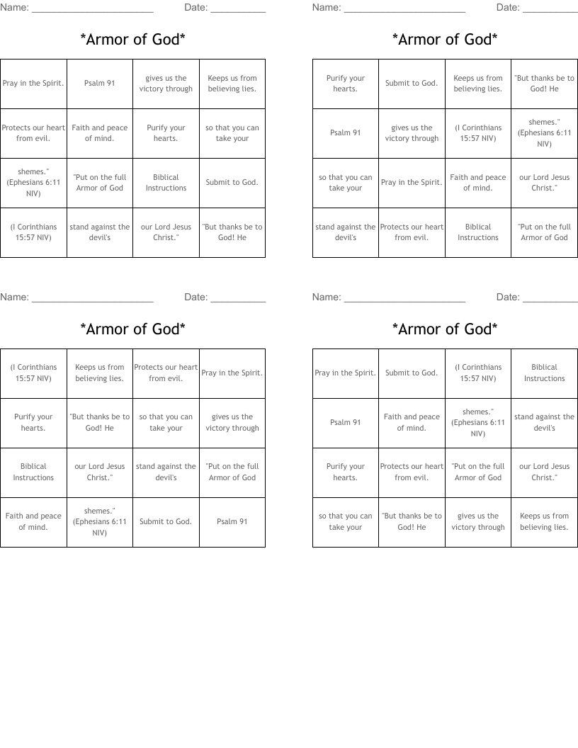 *Armor of God* Bingo Cards