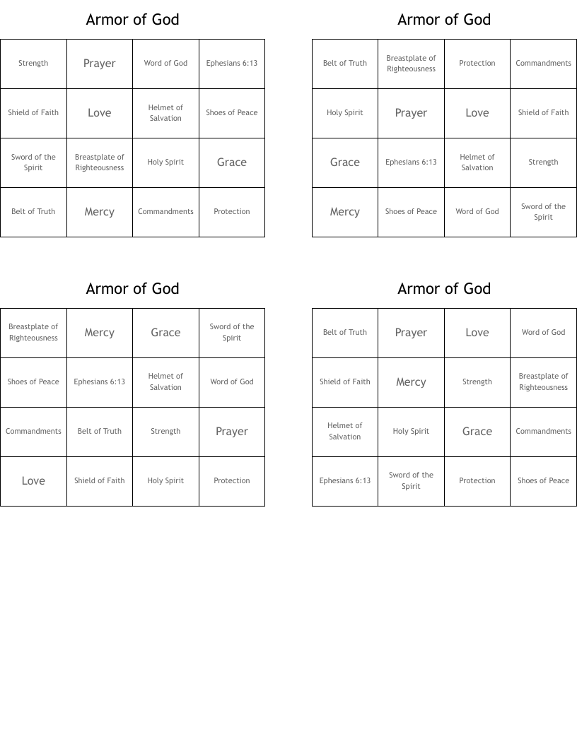 Armor of God Bingo Cards