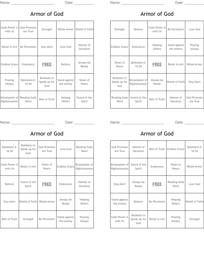 Armor of God Bingo Cards