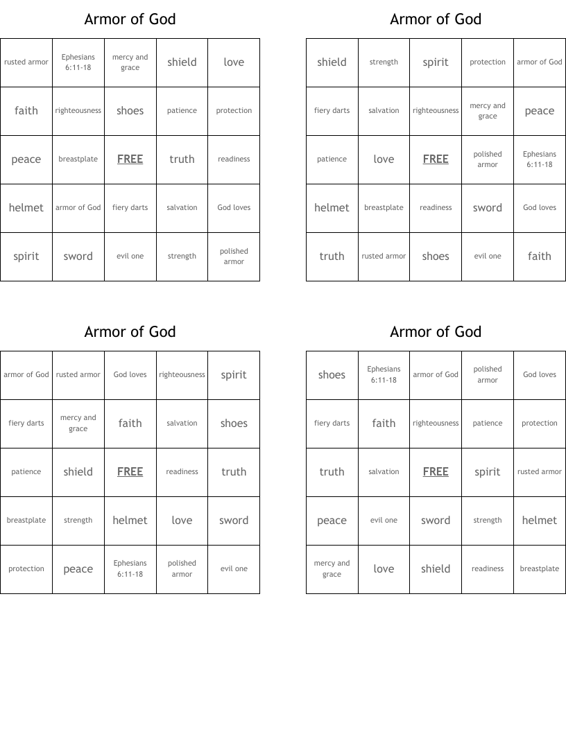 Armor of God Bingo Cards