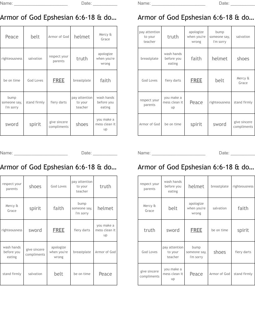 Armor of God Epshesian 6:6-18   & doing right Bingo Cards