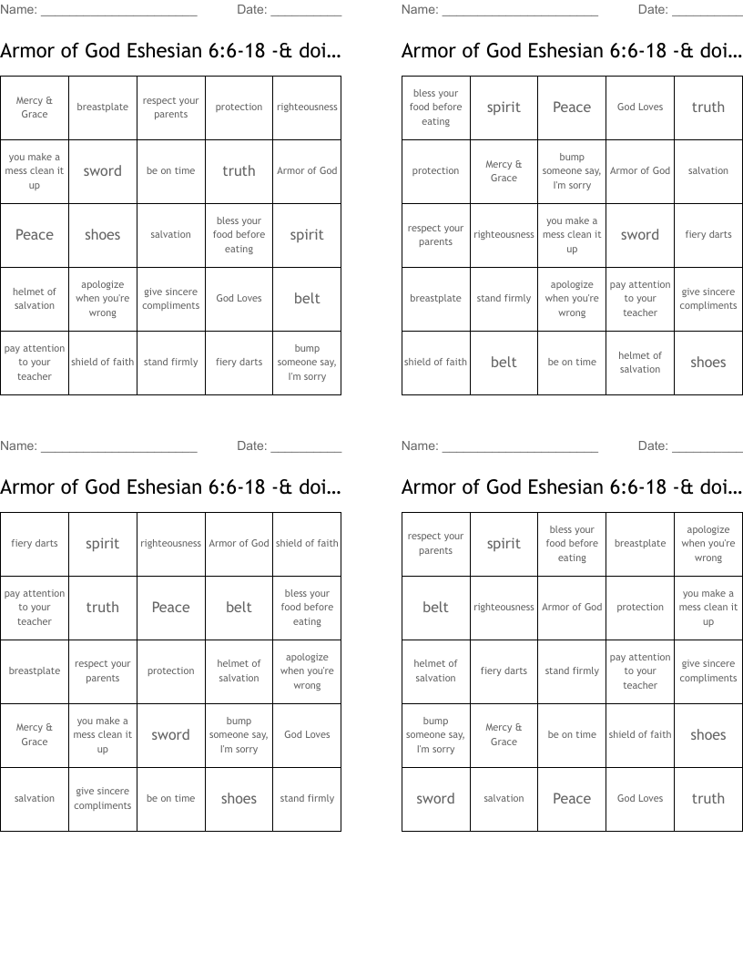 Armor of God Eshesian 6:6-18 -& doing right Bingo Cards