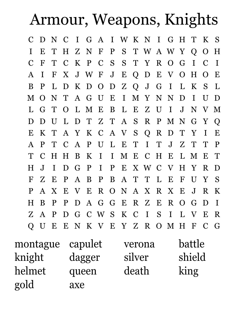 Armour, Weapons, Knights Word Search