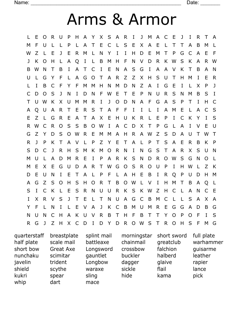 Arms & Armor Word Search