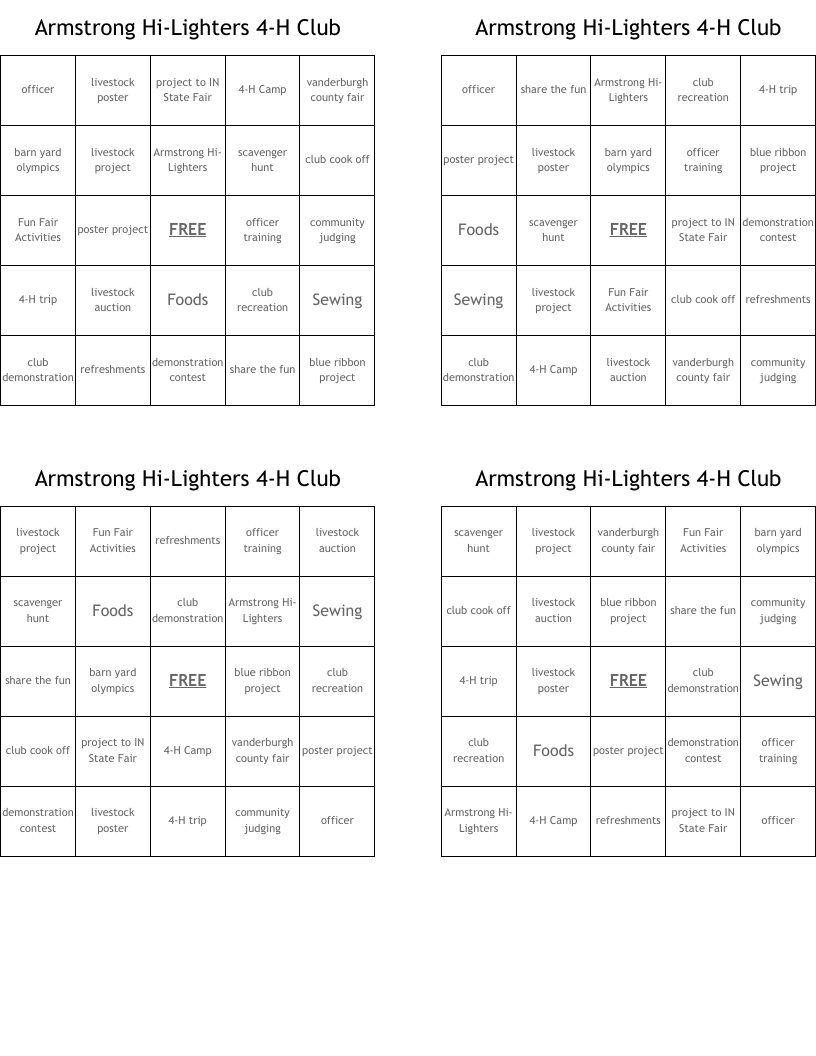 Armstrong Hi-Lighters 4-H Club Bingo Cards