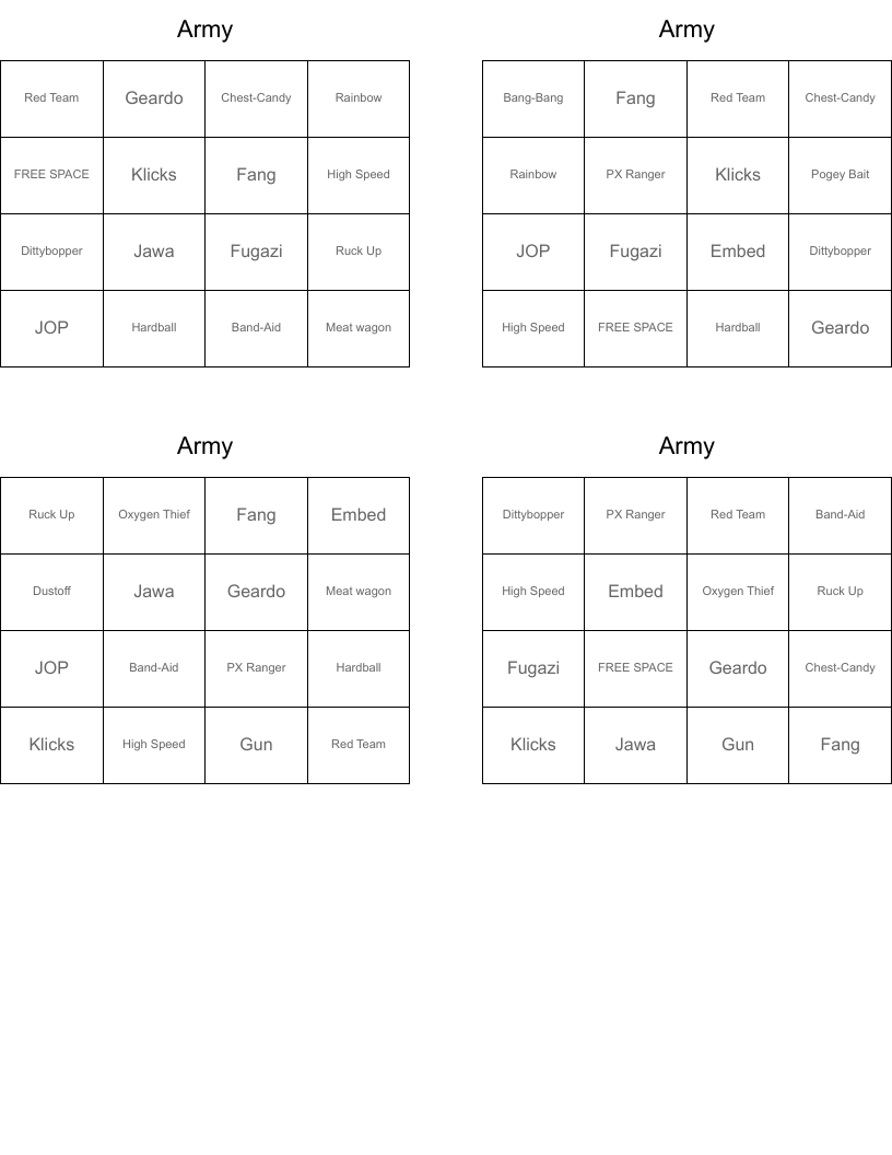 Army Bingo Cards
