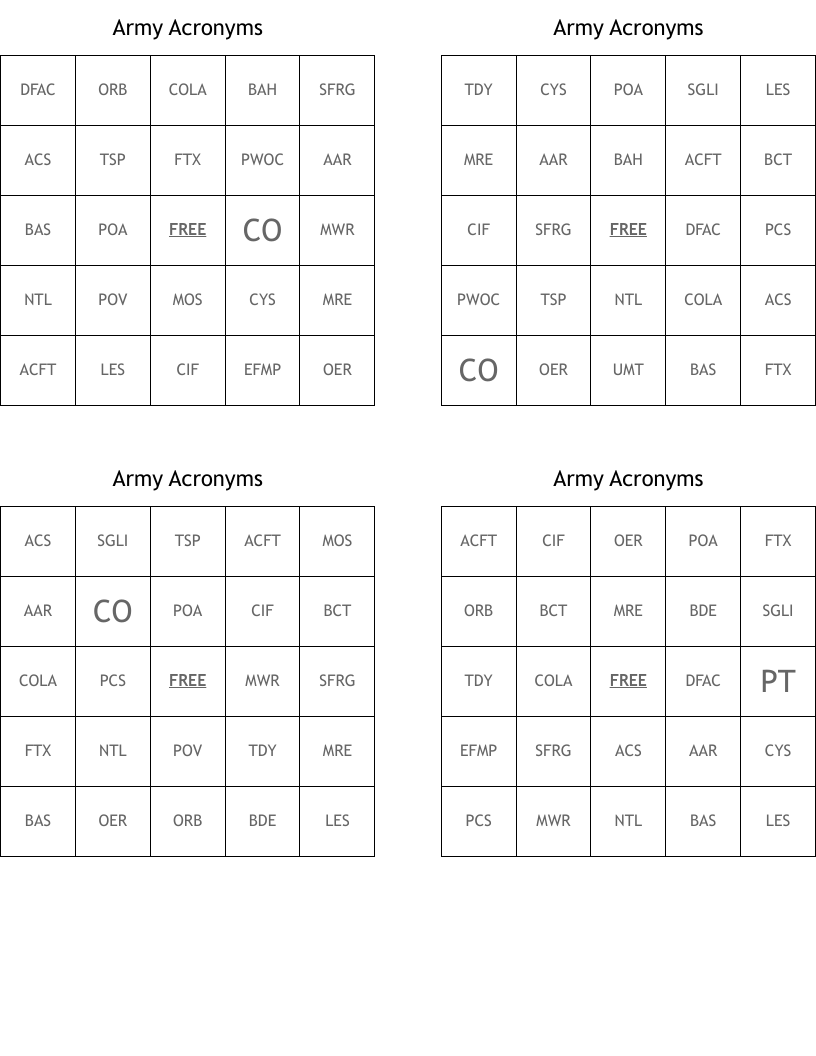 Army Acronyms Bingo Cards