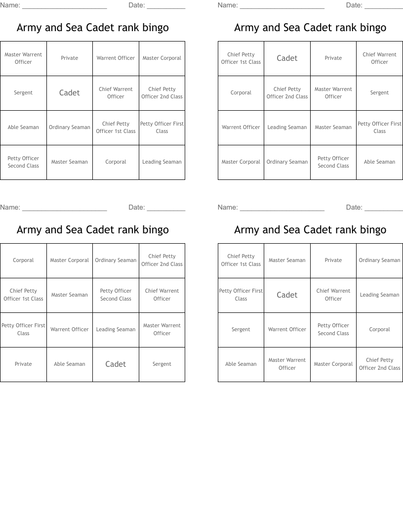 Army and Sea Cadet rank bingo 