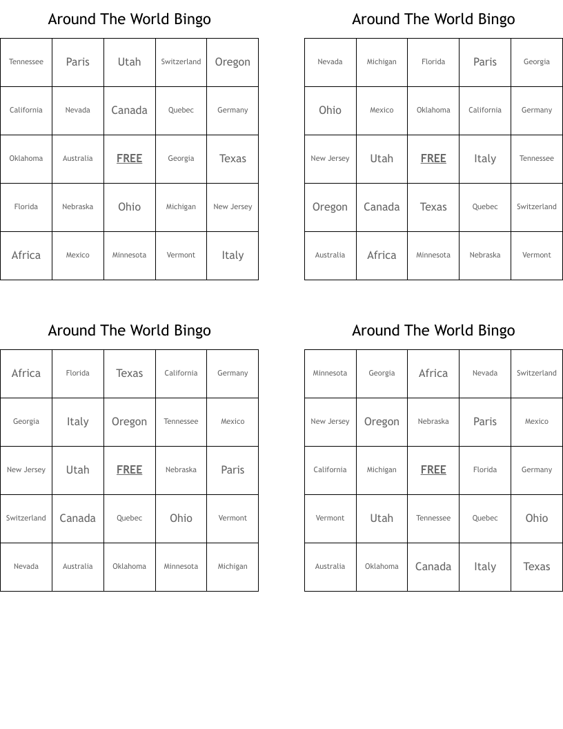 Around The World Bingo 