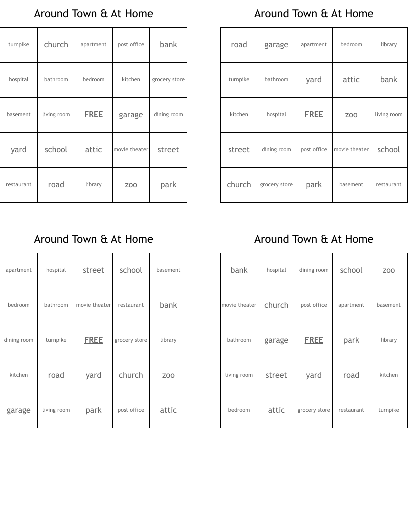 Around Town & At Home Bingo Cards
