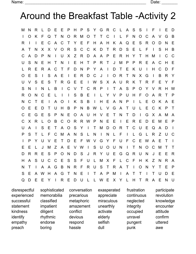 Around the Breakfast Table -Activity 2 Word Search