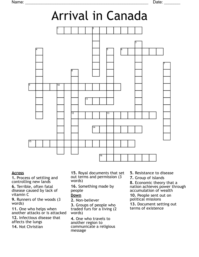 Arrival in Canada Crossword
