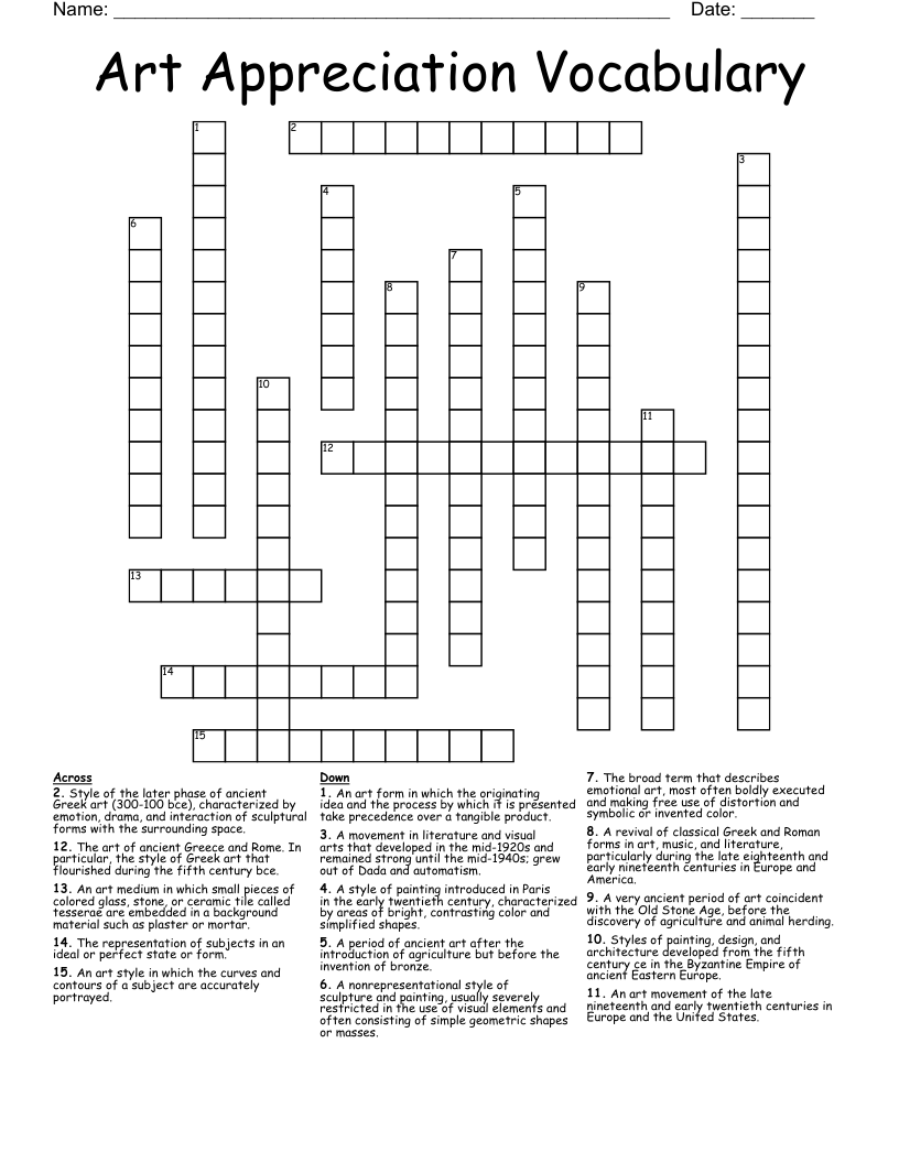 Art Appreciation Vocabulary Crossword
