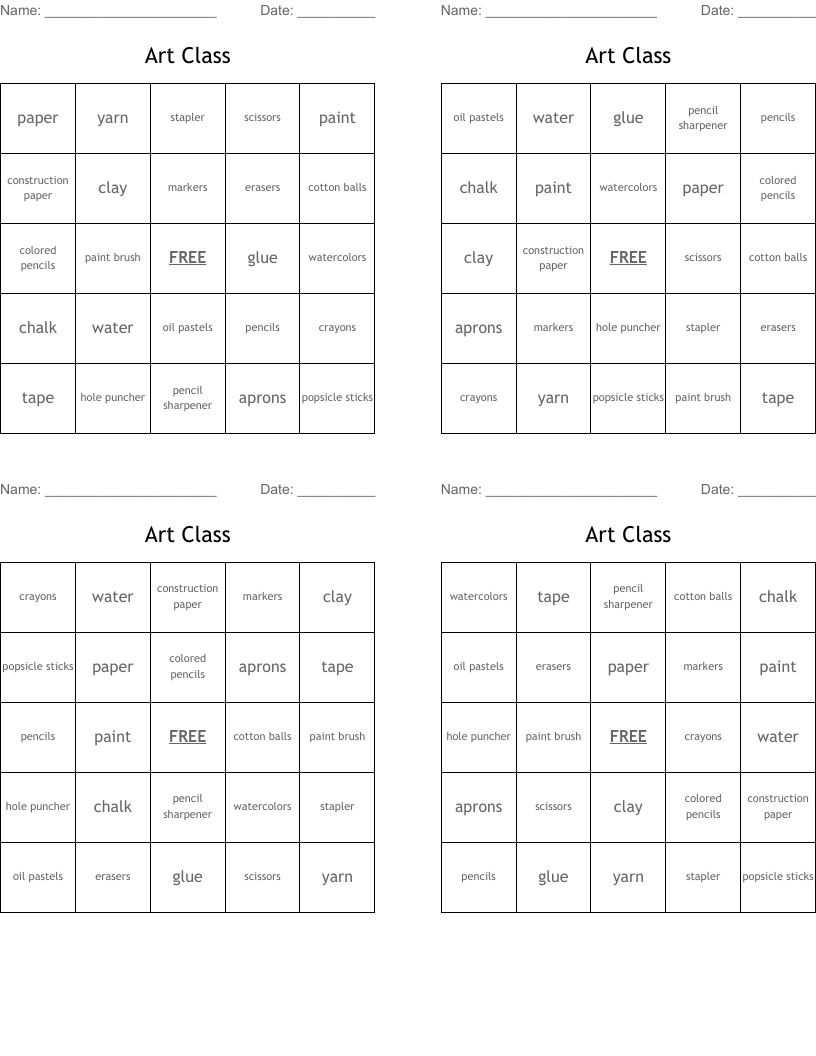 Art Class Bingo Cards