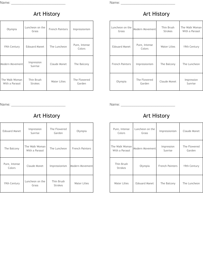Art History Bingo Cards