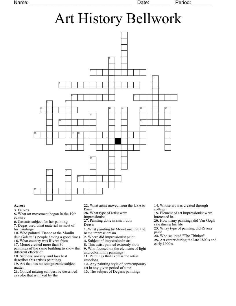 Art History Bellwork Crossword