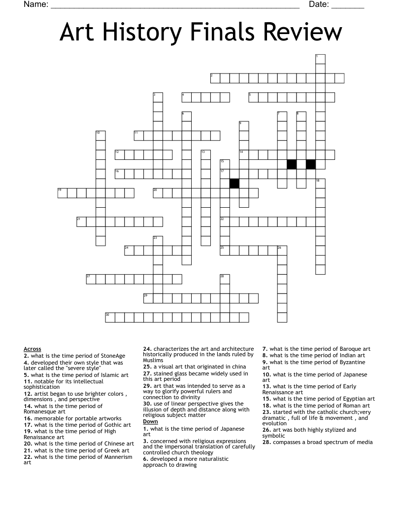 Art History Finals Review  Crossword