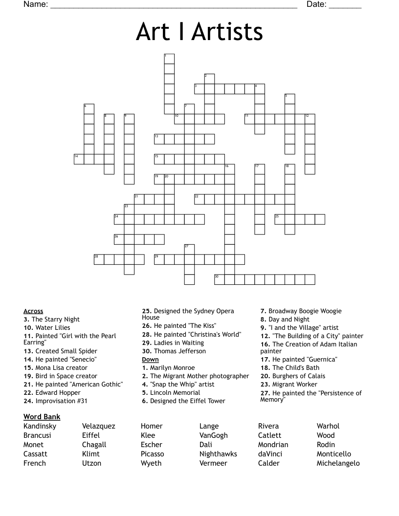 Art I Artists Crossword