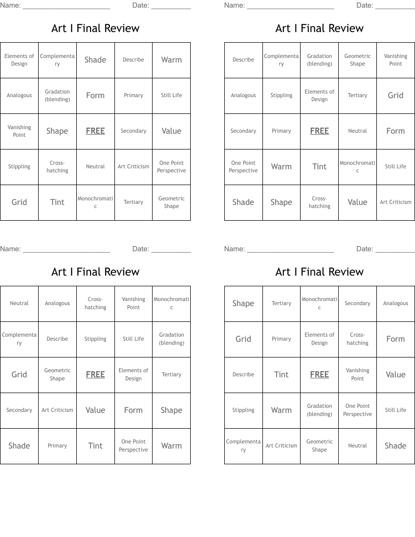 Art I Final Review Bingo Cards