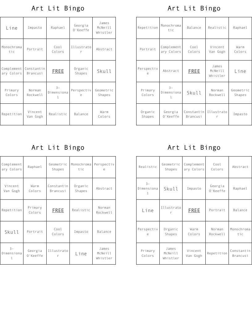 Art Lit Bingo