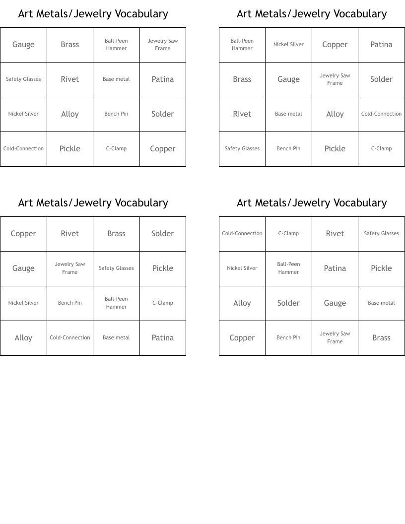 Art Metals/Jewelry Vocabulary Bingo Cards