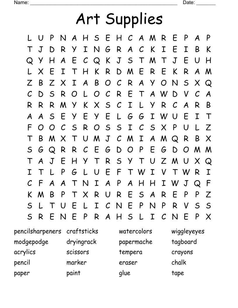 Art Supplies Word Search